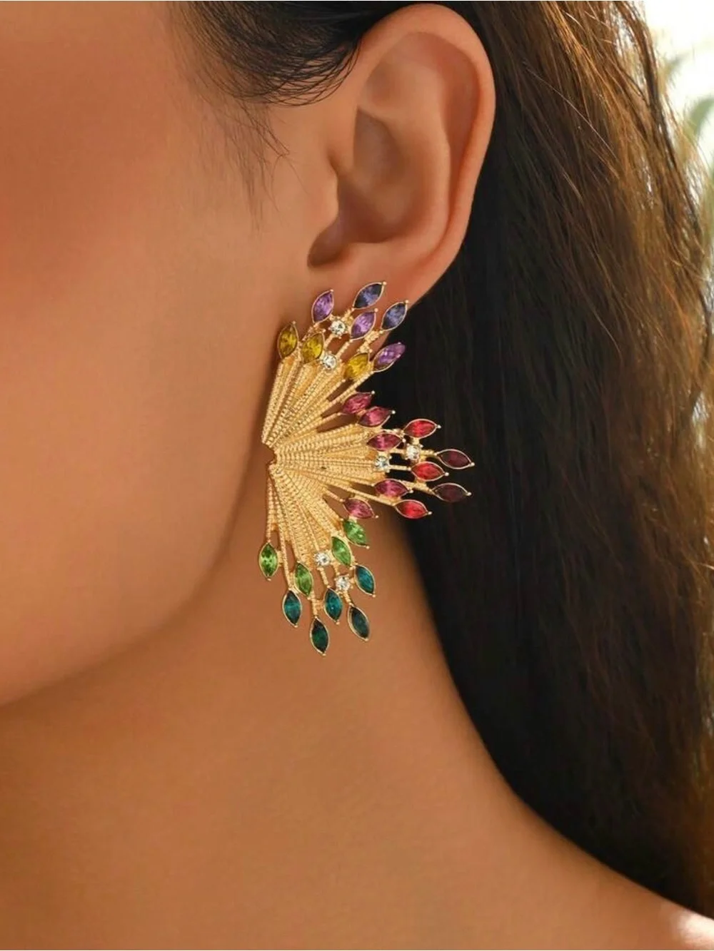 Colorful Rhinestone Starburst Fan Gold Earrings Statement Jewelry Art Deco NEW